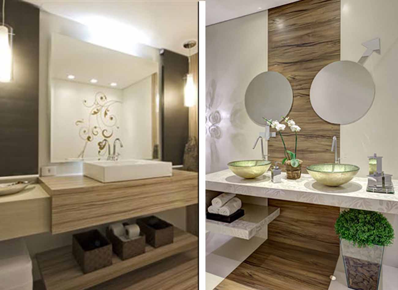 Nestas duas ideias a madeira ficou centralizada nos banheiros. A 